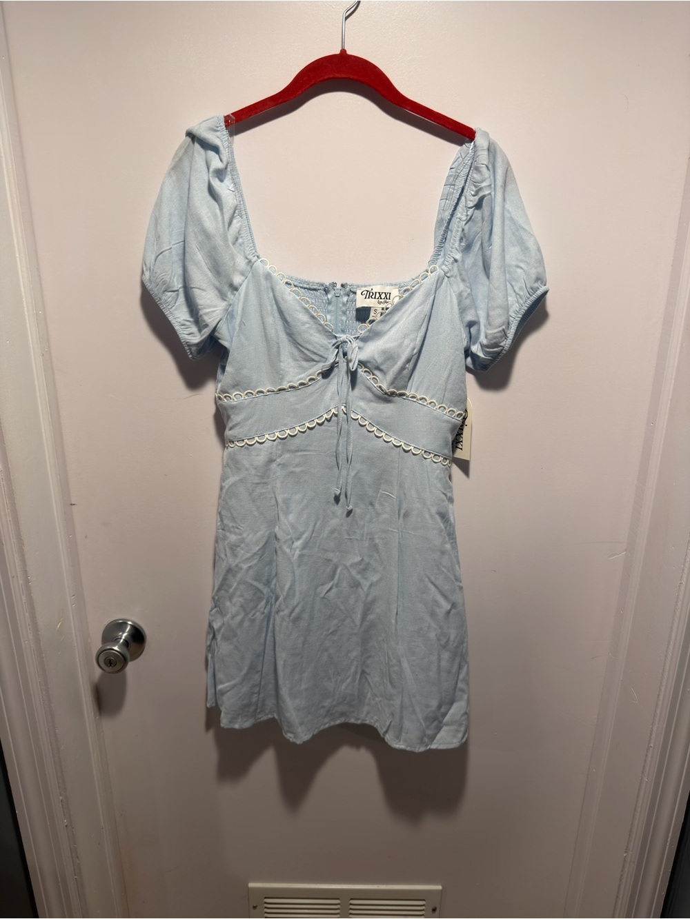 Trixxi Pale Blue Tie-Front Puff Sleeve Mini Dress